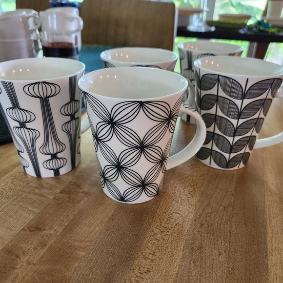 5 Coffee Mugs Black and White Modern Graphic Design 10 oz Kitchen Details - Picture 1 of 8